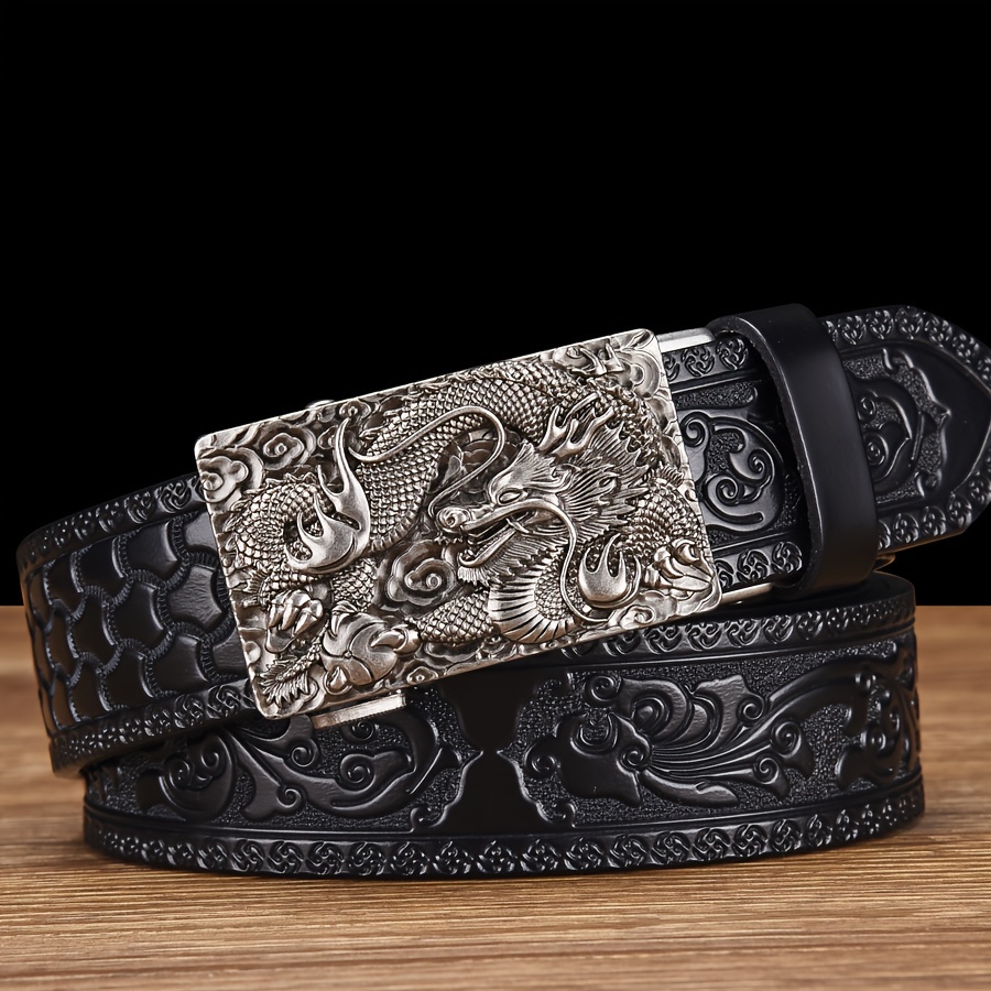Dragon Head Leather Belt Men Intricate Carving Golden Buckle Brown Cowhide